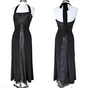 SUE WONG Vintage Black Sequin Halter Maxi Dress Size 2 Art Deco Formal Cocktail